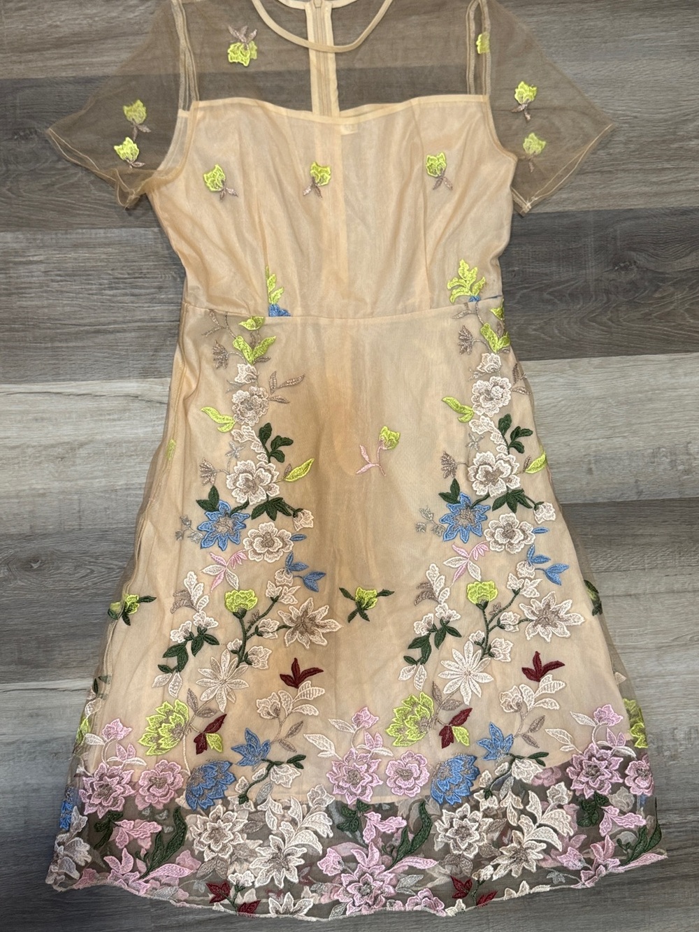 Embroidered Floral Mesh Short Sleeve Dress - Beige with Multicolor Flowers